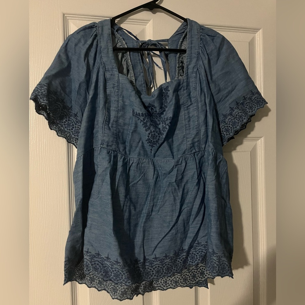 Old Navy Denim Blue Embroidered Blouse